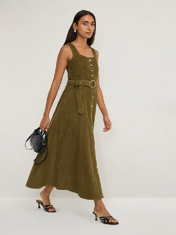 LOV Olive Corduroy A-Line Cotton Dress with Belt Tunics Occasion special