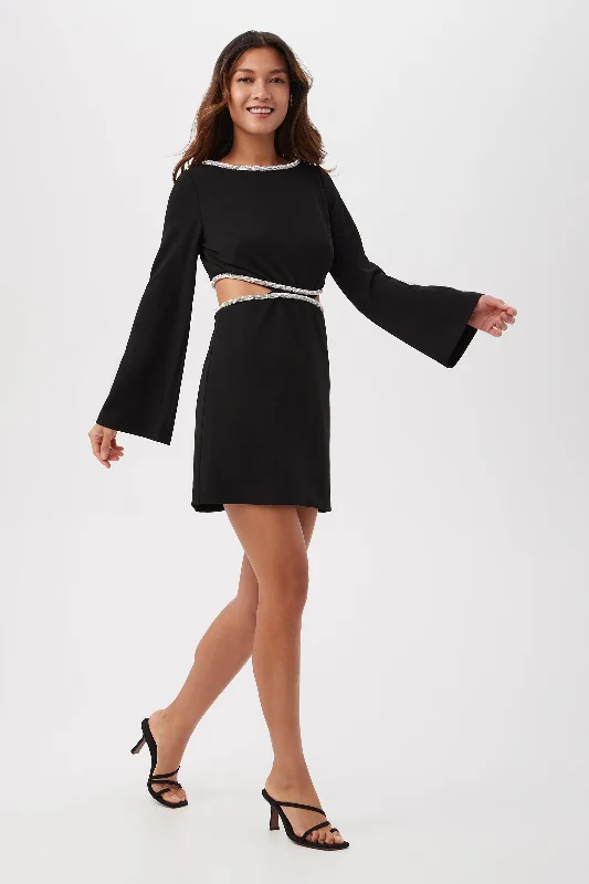 Sabia Long-Sleeve Crepe Knit Dress With Rhinestone Trim And Waist Cutouts Tunics Lace romantic