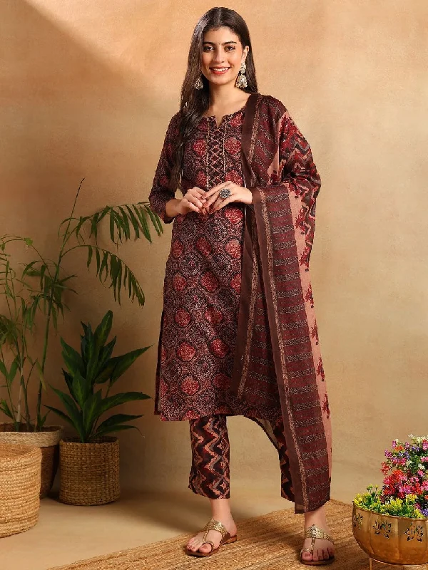 Multi Rayon Blend Floral Printed Straight Kurta Trousers With Dupatta Trousers High Rise Slim Fit