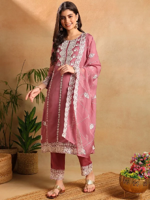 Pink Organza Solid Embroidered Straight Kurta Trousers With Dupatta Trousers Palazzo Wide Leg