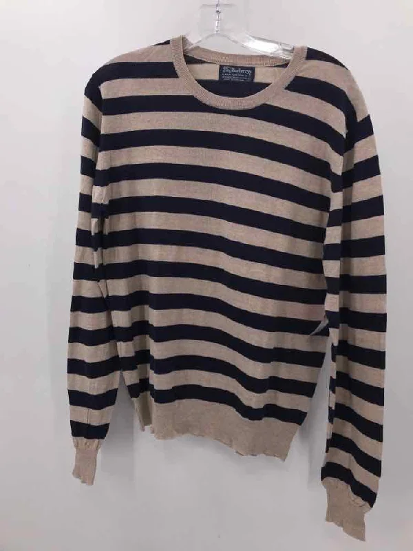 Pre-Owned Burberry's Tan Size Small Cotton Stripe Sweater Turtle Neck Boat Neck Asymmetrical Neck