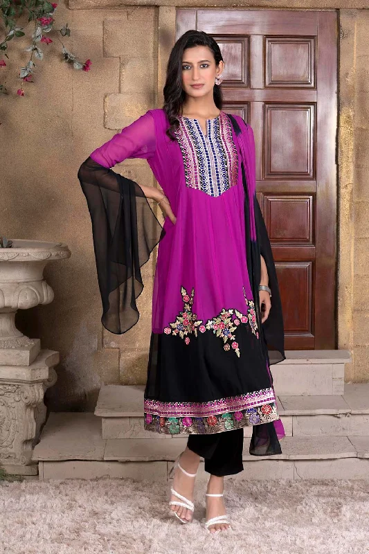 Magenta Embroidered Georgette Stitched Trouser Kurta With Dupatta Trousers Capri Summer