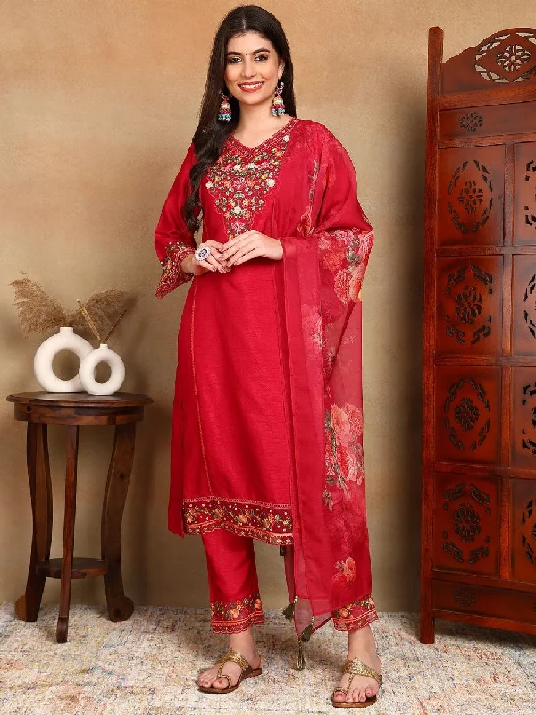 Rani Pink Silk Blend Solid Embroidered Straight Kurta Trouser With Dupatta Trousers stylish modern