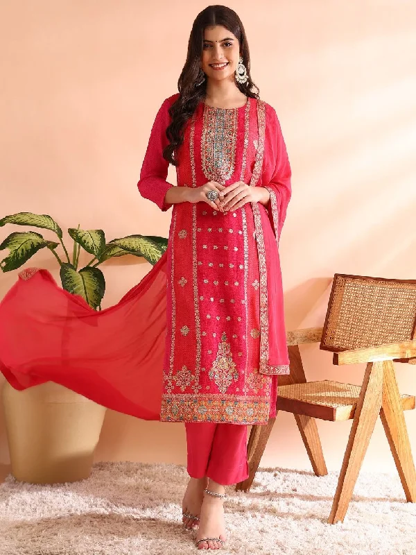 Pink Organza Ethnic Motifs Woven Design Straight Kurta Trousers With Dupatta Trousers Bestseller Popular