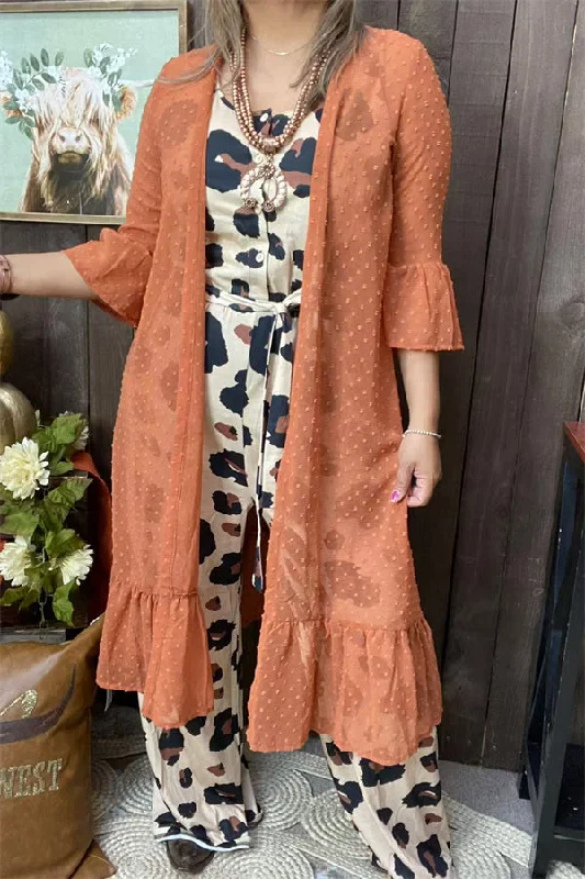 GJQ19392 Solid coral w/small dots &ruffle bottom &trim 3/4 sleeve cardigan for women Modern Contemporary chic GJQ19392 Solid coral w/small dots &ruffle bottom &trim 3/4 sleeve cardigan for women Modern Contemporary chic