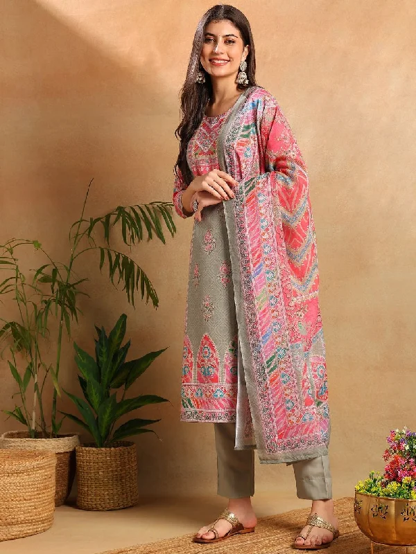 Green Rayon Blend Ethnic Motifs Printed Straight Kurta Trousers With Dupatta Trousers Print Floral