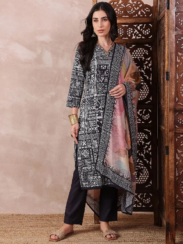 Black Silk Blend Geometric Printed Straight Kurta Trouser With Dupatta Trousers Leisure Comfortable