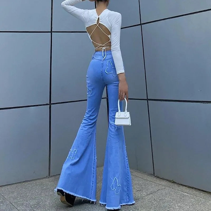 Advbridge Fashion Slim High Waist Flared Jeans Women Vintage Solid Denim Bell Bottom Pants Casual Trendy Butt Lifting Trousers Tall Girl Trousers Top Rated