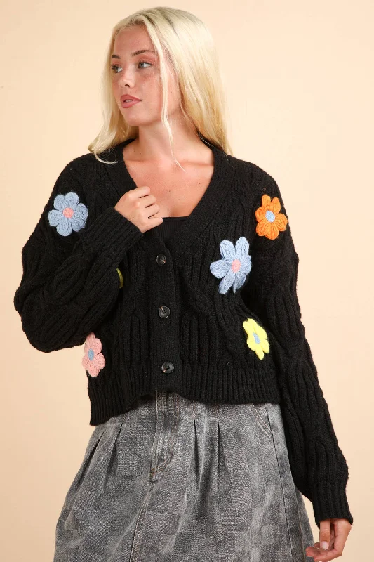 Hand-Made Flower Applique Knit Sweater Cardigan Cardigan Knitwear Sweater