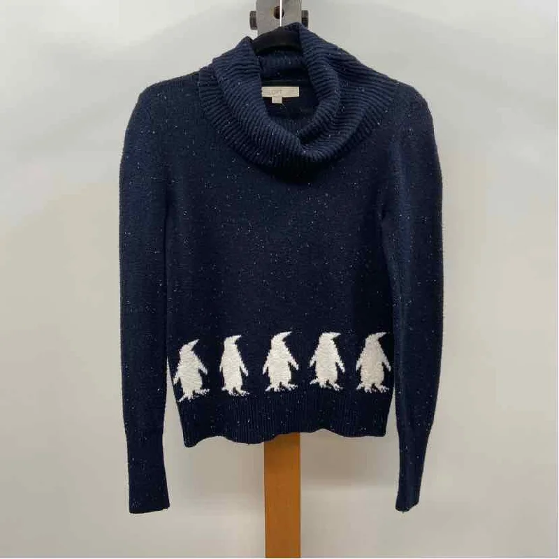 Loft Women's Size XS Navy Penguins Sweater Welt Pockets Slit Pockets Flap Pockets