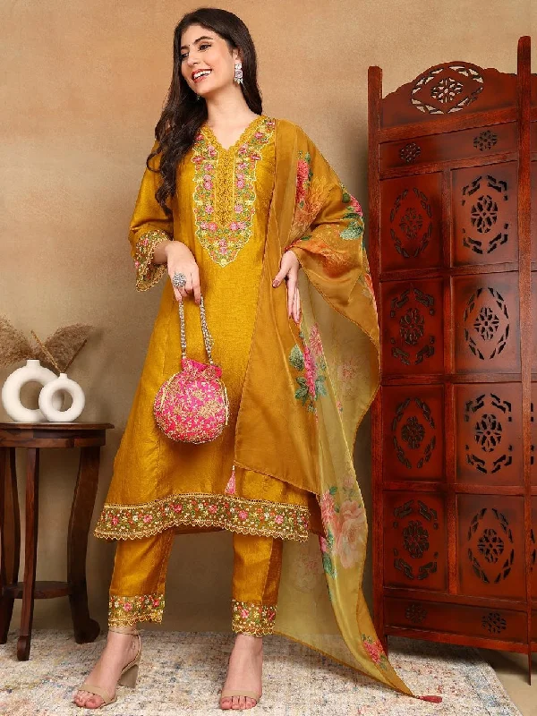 Mustard Silk Blend Solid Embroidered Straight Kurta Trouser With Dupatta Trousers luxurious high-end