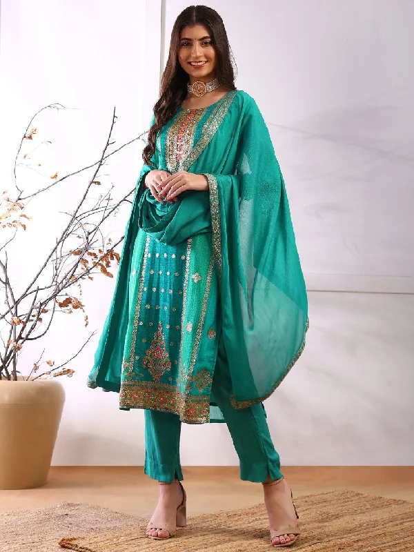 Teal Organza Abstract Woven Design Straight Kurta Trouser With Dupatta Trousers trendy modern