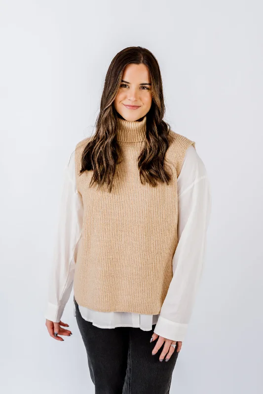 Bridget Turtleneck Sweater Vest | Taupe Tailored Straight A-Line