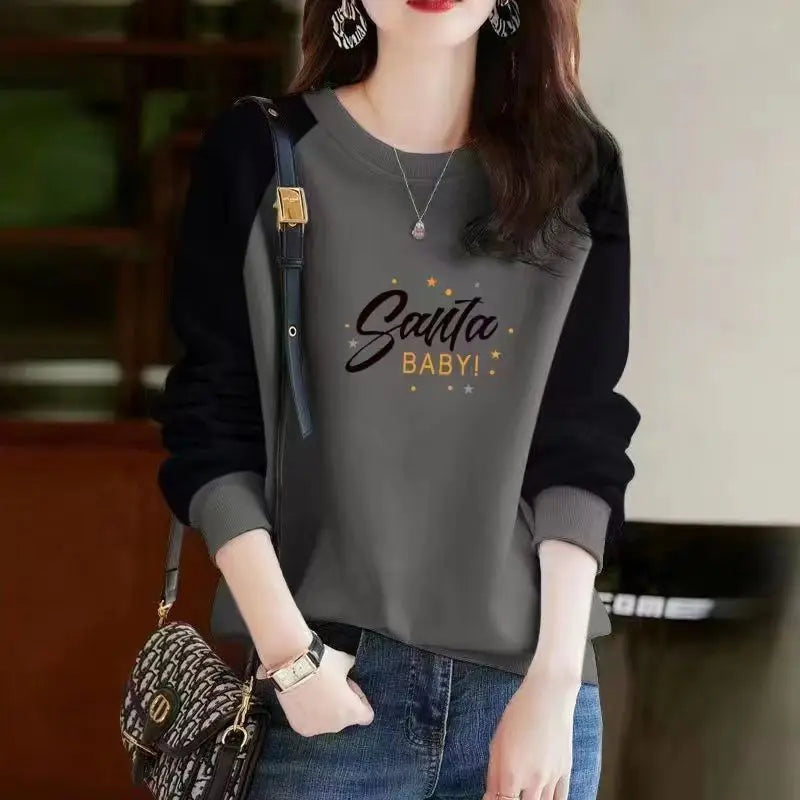 Autumn and Winter Women's Pullover Round Neck Letter Print Plush Thick Contrast Long Sleeve Hoodies Loose Fashion Casual Tops Three Quarter Sleeve Autumn and Winter Women's Pullover Round Neck Letter Print Plush Thick Contrast Long Sleeve Hoodies Loose Fashion Casual Tops Three Quarter Sleeve