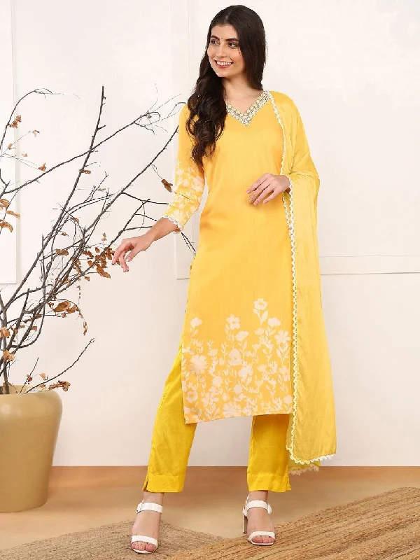 Yellow Cotton Blend Floral Printed Straight Kurta Trouser With Dupatta Trousers Favorite Customer