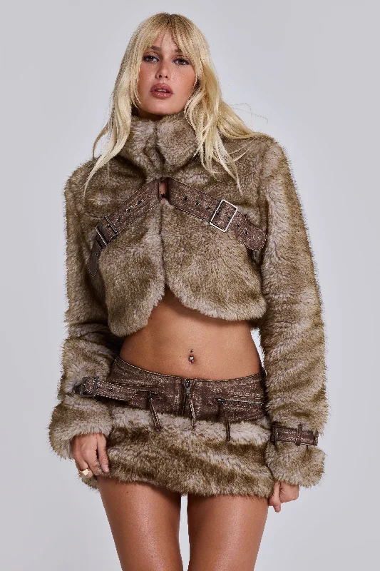 Raven Faux Fur & Leather Crop Jacket One-Shoulder Jacket Off-the-Shoulder Jacket Asymmetrical Jacket