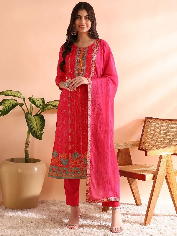 Pink Chanderi Silk Ethnic Motifs Woven Design Straight Kurta Trousers With Dupatta Trousers Handmade Artisanal