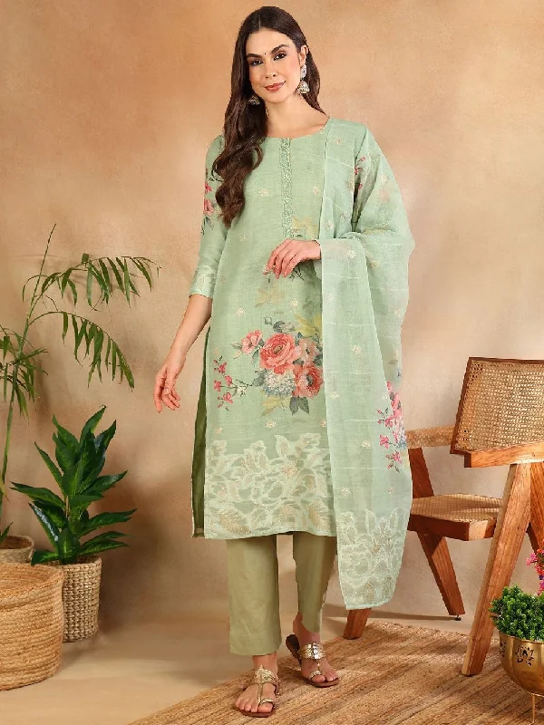 Green Linen Blend Floral Woven Design Straight Kurta Trouser With Dupatta Trousers Chinos Classic