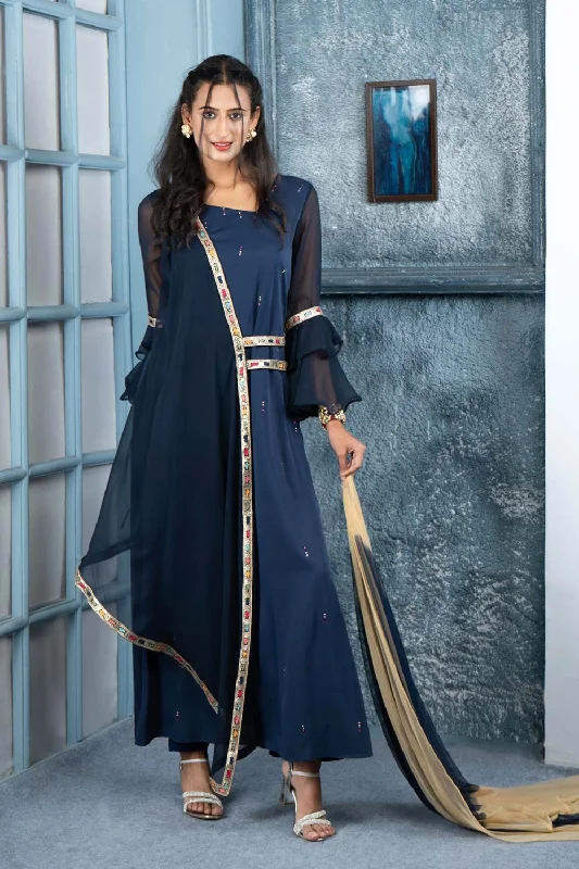 Navy Blue Embroidered Georgette Stitched Trouser Kurta With Dupatta Trousers Cargo pockets