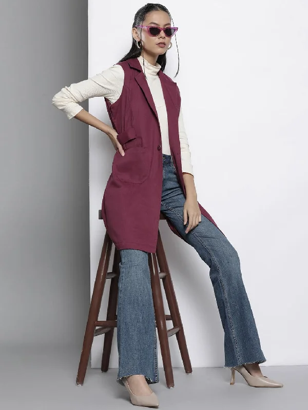 Women Burgundy Twill Longline Sleeveless Jacket Rayon Jacket Velvet Jacket Corduroy Jacket