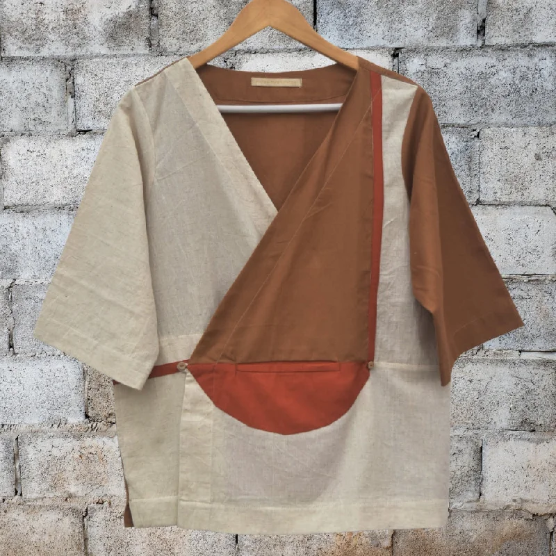 Contemporary Patchwork Wrap Jacket | Casually Chic | Relaxed Fit | Ivory & Rust One-Shoulder Jacket Off-the-Shoulder Jacket Asymmetrical Jacket