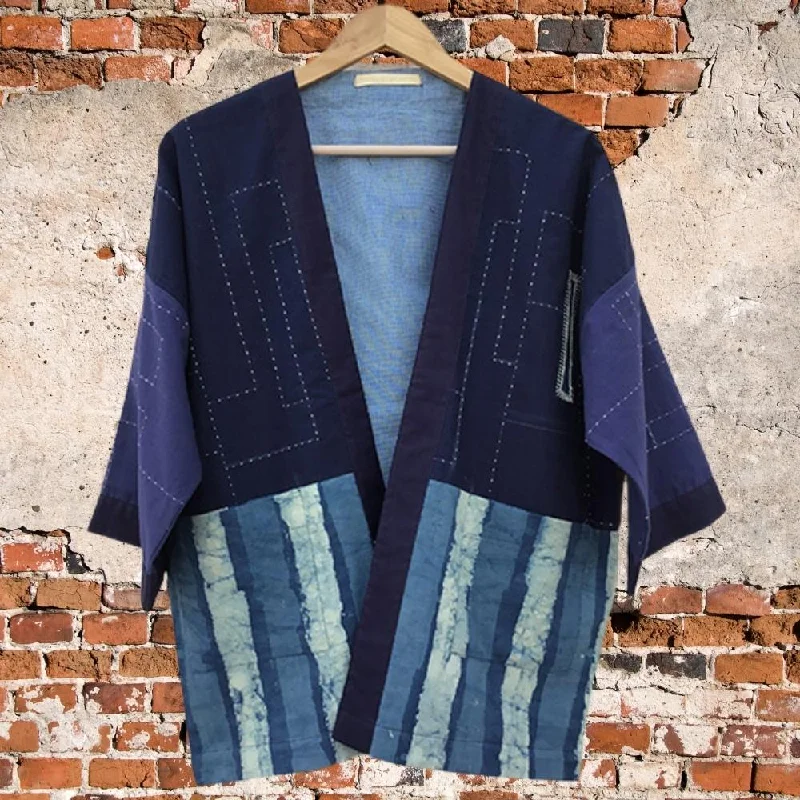 Indigo Kimono Jacket | Cool Look | Hand-Crafted | Kantha Embroidery Boat Neck Shawl Collar Notched Collar