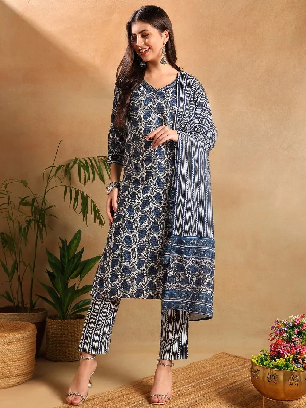 Blue Poly Rayon Floral Printed Straight Kurta Trousers With Dupatta Skinny Trousers Denim Stretchy