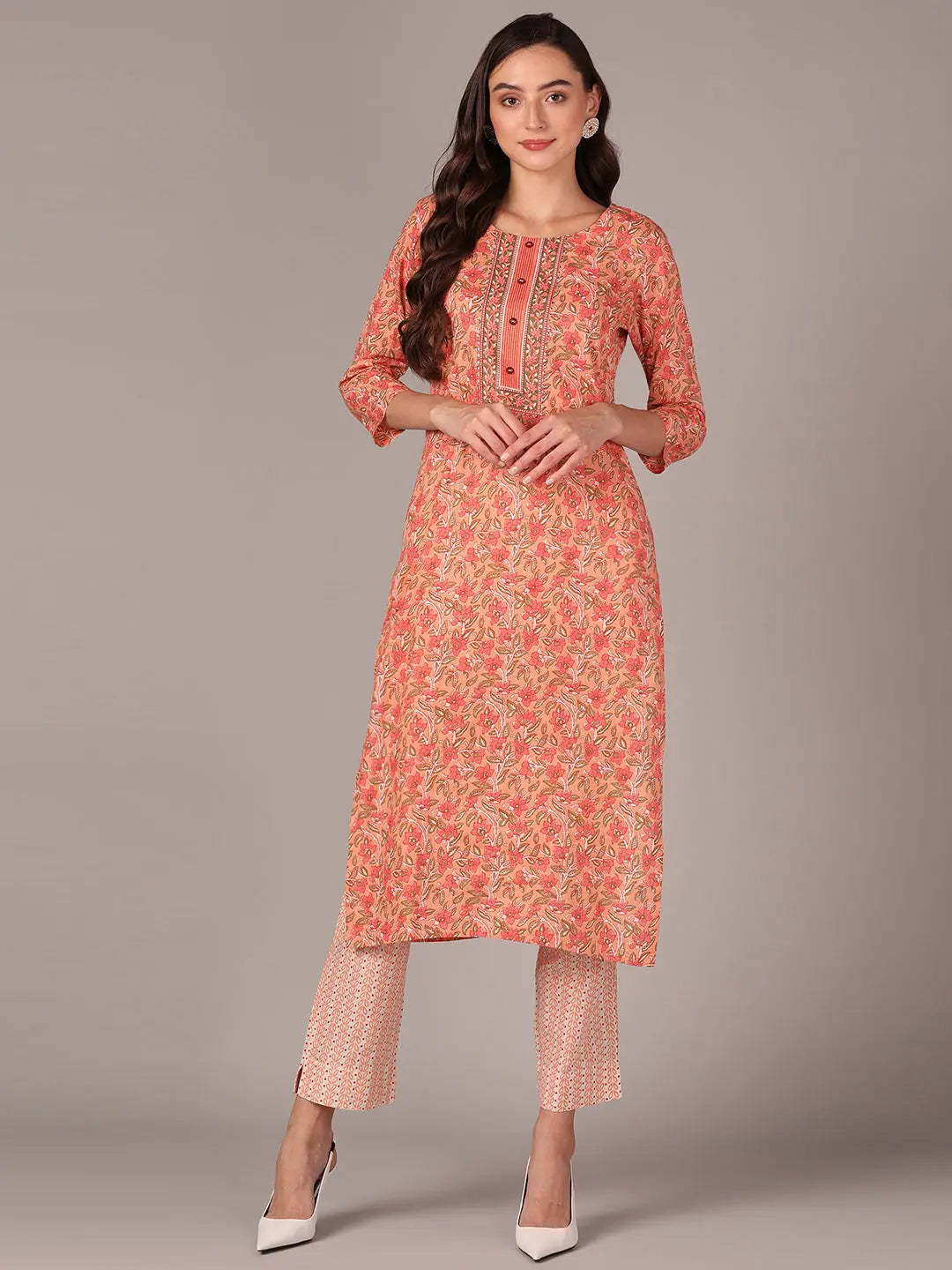 Ahika Women Peach Cotton Blend Floral Printed Straight Kurta With Trouser Trousers luxurious premium