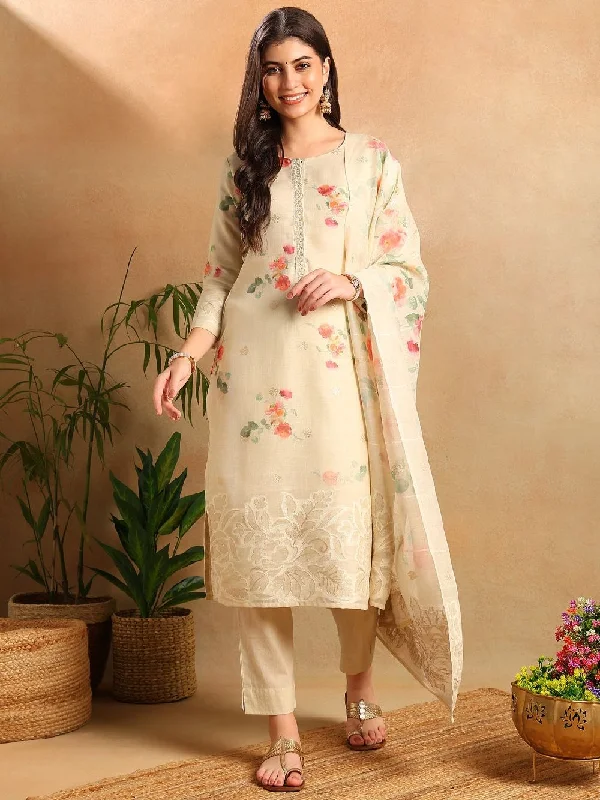 Cream Linen Blend Floral Woven Design Straight Kurta Trousers With Dupatta Trousers Bootcut Casual