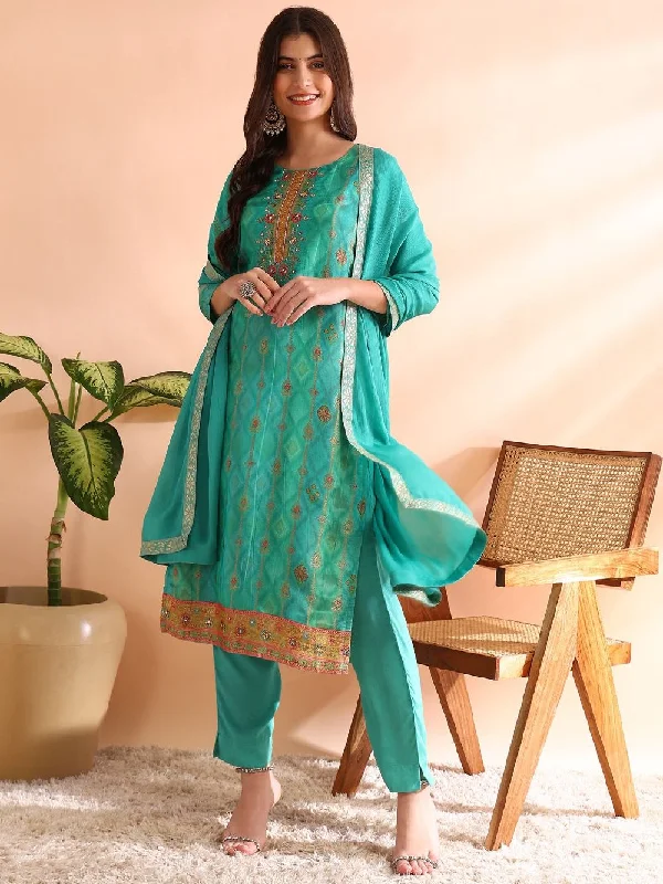 Sea Green Silk Blend Ethnic Motifs Woven Design Straight Kurta Trousers With Dupatta Trousers Exclusive Limited