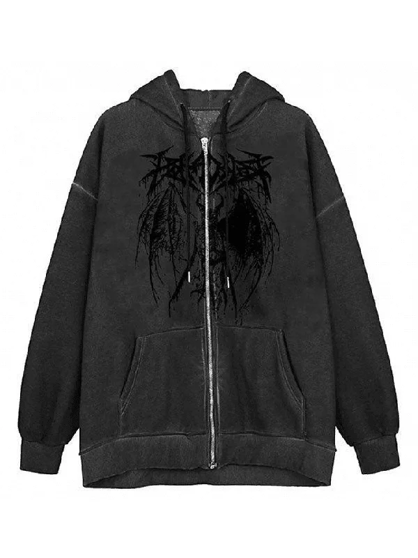 Oversized Skeleton Print Zipper Hoodie Hoodie with Batwing Sleeves Loose Dramatic