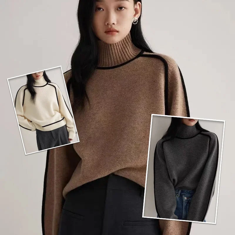 Half-Turtleneck Colour Contrast Women's Fashion Sweater Mesh Blend Leather Blend Suede Blend