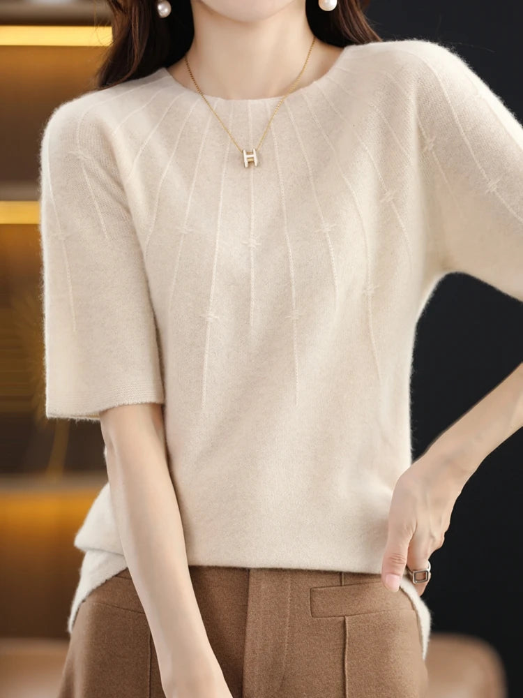 Spring Summer 100% Pure Wool Sweater T-shirt New Women's O-Neck Pullover Short Sleeve Slim Five-point Sleeve Casual Knit Tops Wide Sleeve Pullover Spring Summer 100% Pure Wool Sweater T-shirt New Women's O-Neck Pullover Short Sleeve Slim Five-point Sleeve Casual Knit Tops Wide Sleeve Pullover