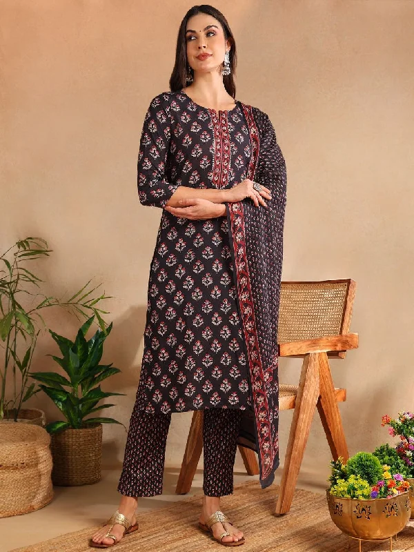 Black Rayon Blend Floral Printed Straight Kurta Trouser With Dupatta Trousers Business Professional