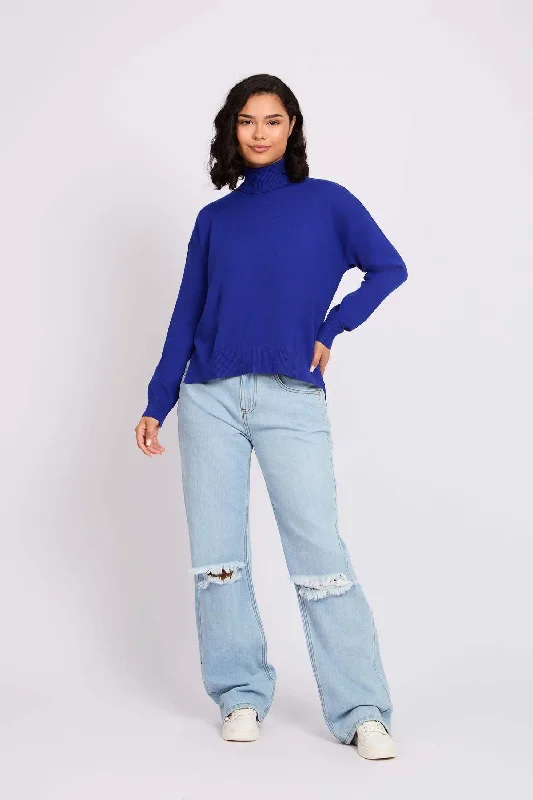Women Blue Pullover High Neck Fine Merino Wool