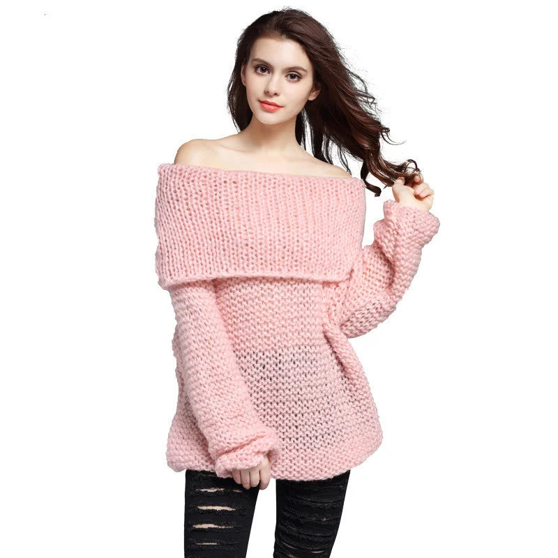 Lovely Pink Women Sweater Slash Neck Off Shoulder Loose Long Sleeve Hollow Coarse Lines Knitted Pullovers Soft Wool Sweater