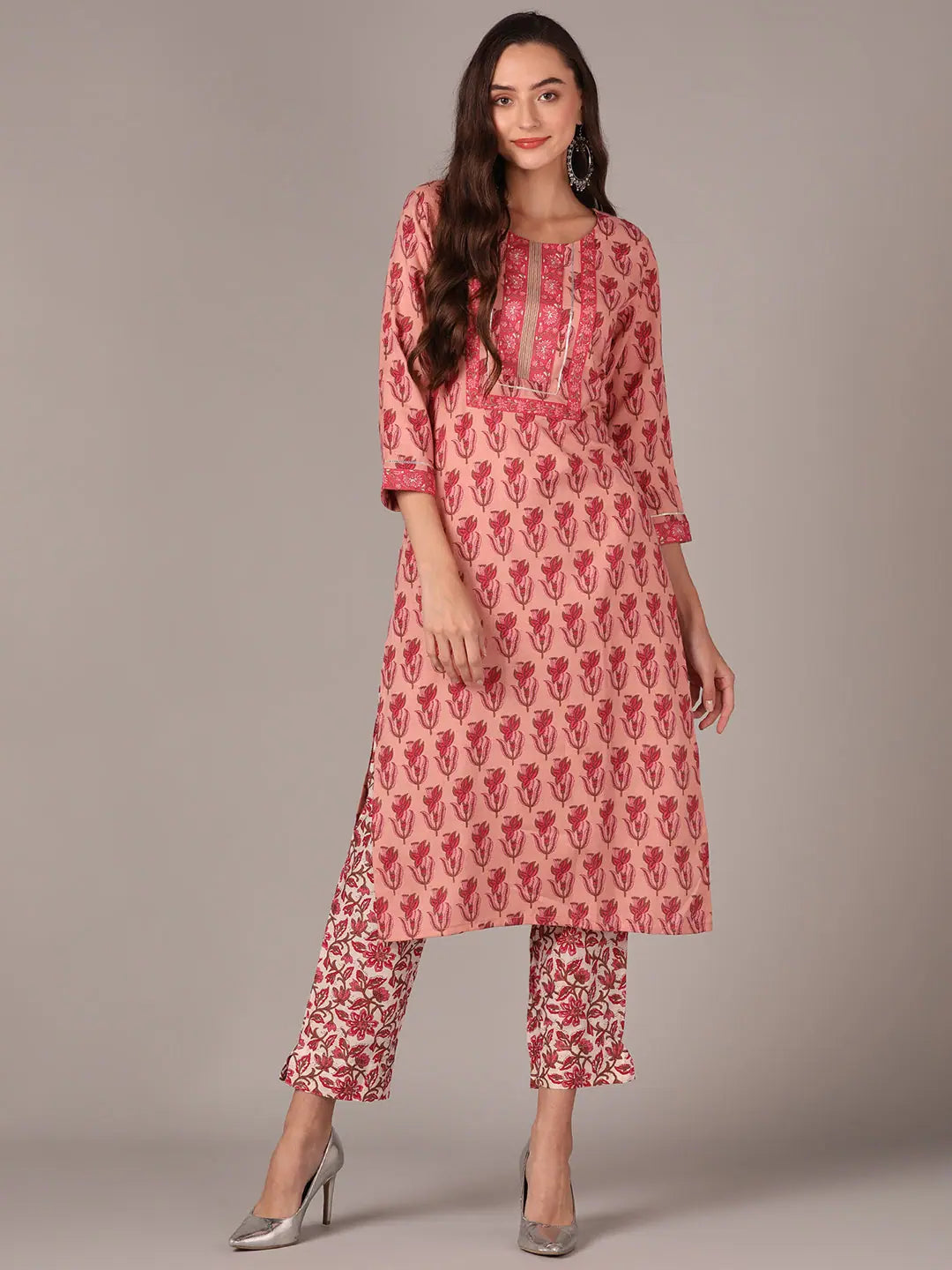 Ahika Women Peach Cotton Blend Ethnic Motifs Printed Straight Kurta With Trouser Trousers versatile functional