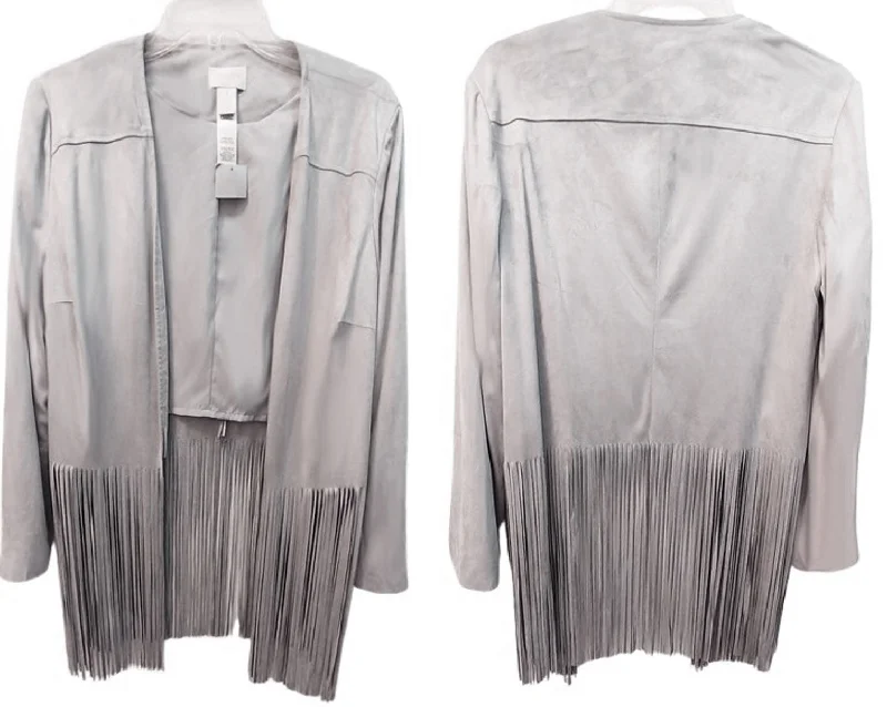 NEW WITH TAG - CHICO'S FAUX SUEDE JACKET WITH FABULOUS 14" FRINGE IN A SILVERY DOVE GRAY - WOULD MAKE A WONDERFUL CHRISTMAS OR BIRTHDAY GIFT Zip Front Button Front Snap Front