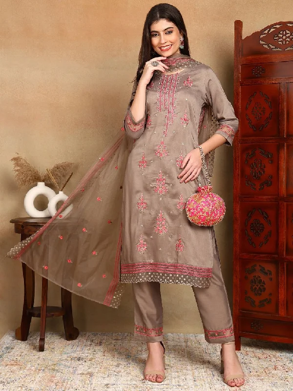 Brown Silk Blend Solid Embroidered Straight Kurta Trouser With Dupatta Trousers cozy soft