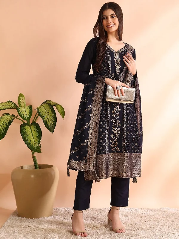 Navy Blue Chanderi Cotton Solid Woven Design Straight Kurta Trouser With Dupatta Trousers practical durable