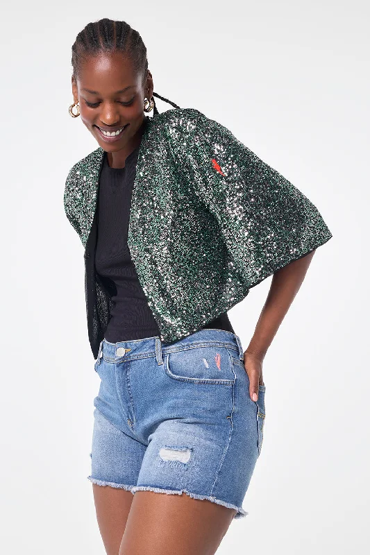 Green with Silver Sequin Cropped Jacket Satin Jacket Silk Jacket Chiffon Jacket