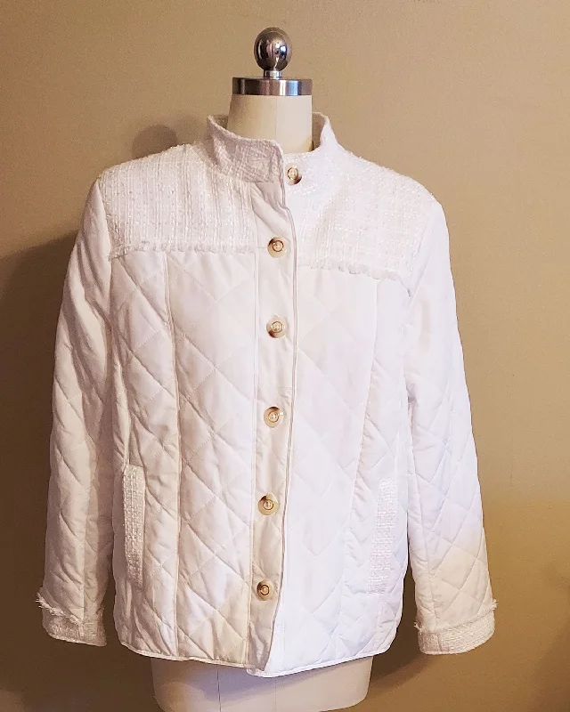 *  NEW W TAG -CHICO'S QUILTED PUFF TWEED JACKET OUTERWEAR ECRU OFF WHITE SIZE 2 Tailored Jacket Straight Jacket A-Line Jacket