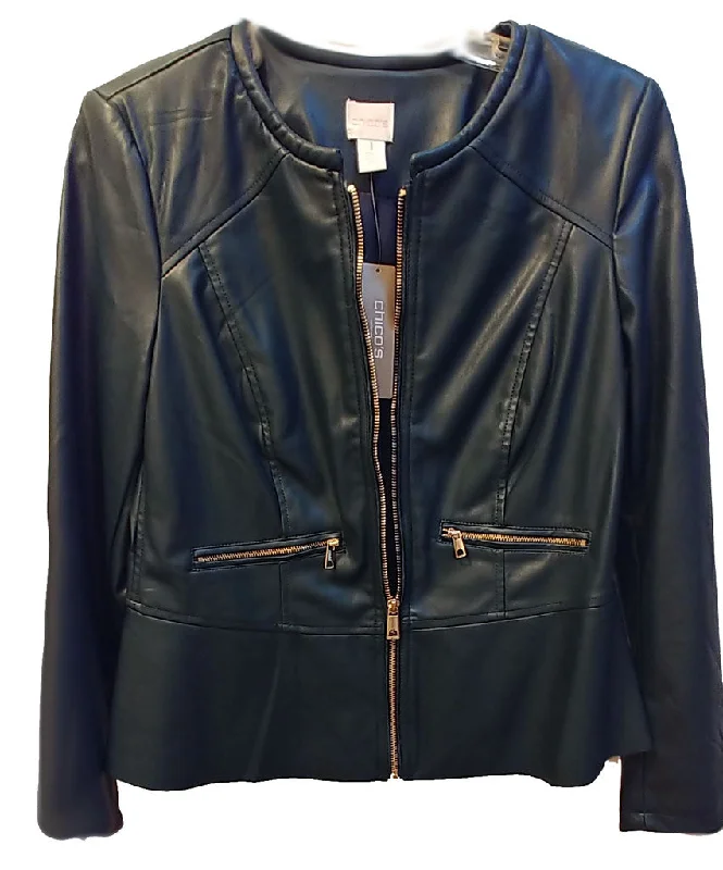 *NEW WITH TAG - CHICO'S CHIC FAUX LEATHER MOTO JACKET IN DARK FOREST GREEN ACCENTED WITH SPARKLING LARGE GOLD ZIPPERS - WOULD MAKE A WONDERFUL CHRISTMAS OR BIRTHDAY GIFT Stand-Up Collar Roll-Neck Collar Turtle Neck