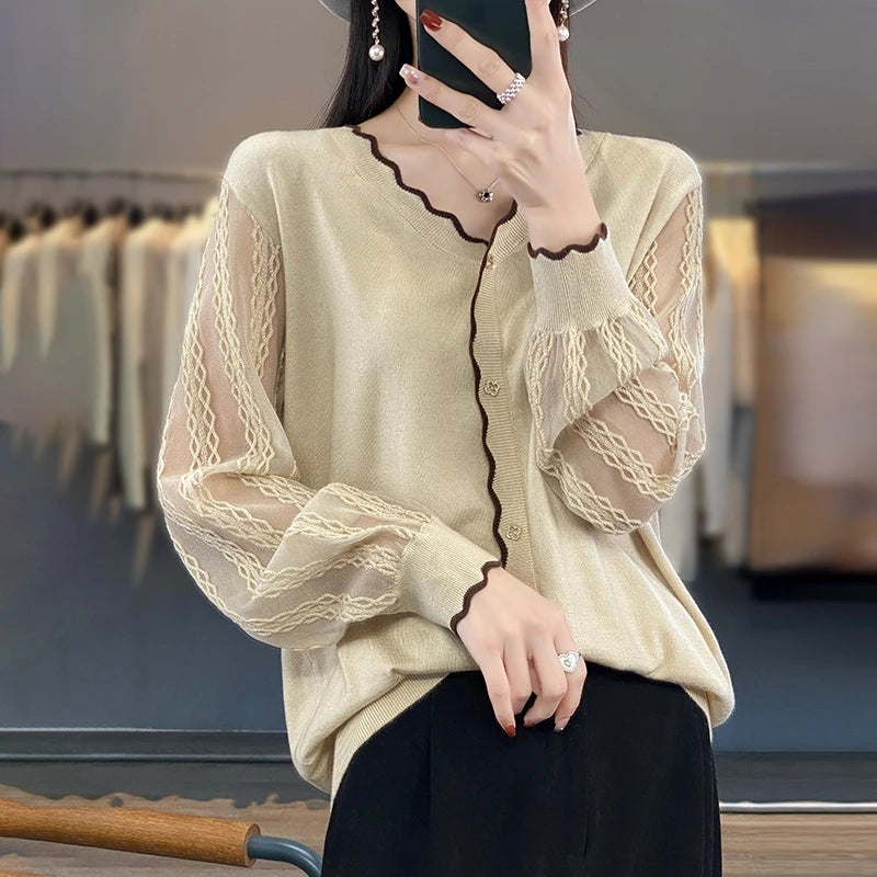 Spring Summer Women 100% Soft Wool Organdy Sweater V-neck Lantern Sleeve Lace Hollow Out Pullover Casual Knit Bottoming Tops Cowl Neck Pullover Spring Summer Women 100% Soft Wool Organdy Sweater V-neck Lantern Sleeve Lace Hollow Out Pullover Casual Knit Bottoming Tops Cowl Neck Pullover