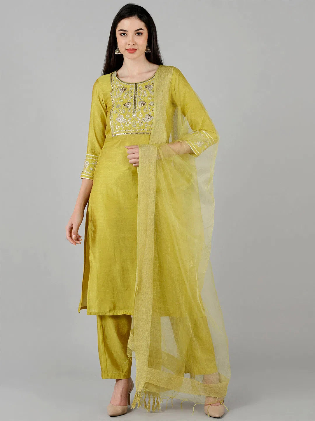 Ahika Women Yellow Solid Embroidered Kurta Trousers With Dupatta 3 Trousers Travel Practical