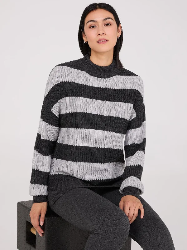 Striped Mock Neck Sweater With Side Slits Faux Fur Fabric Real Fur Fabric Shearling Fabric