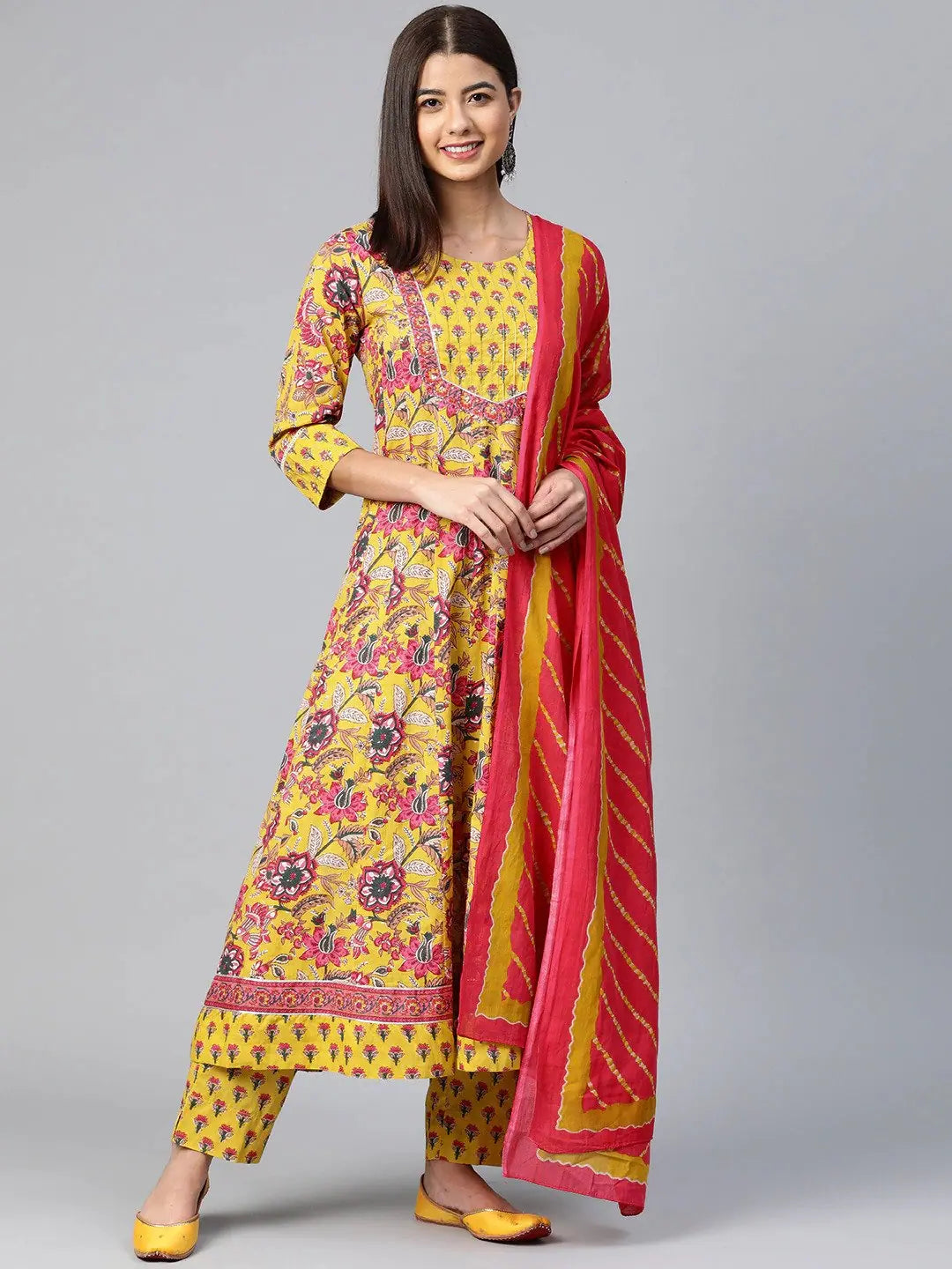 Ahika Women Yellow Ethnic Motifs Printed Regular Pure Cotton Kurta With Trousers Trousers Modern Contemporary