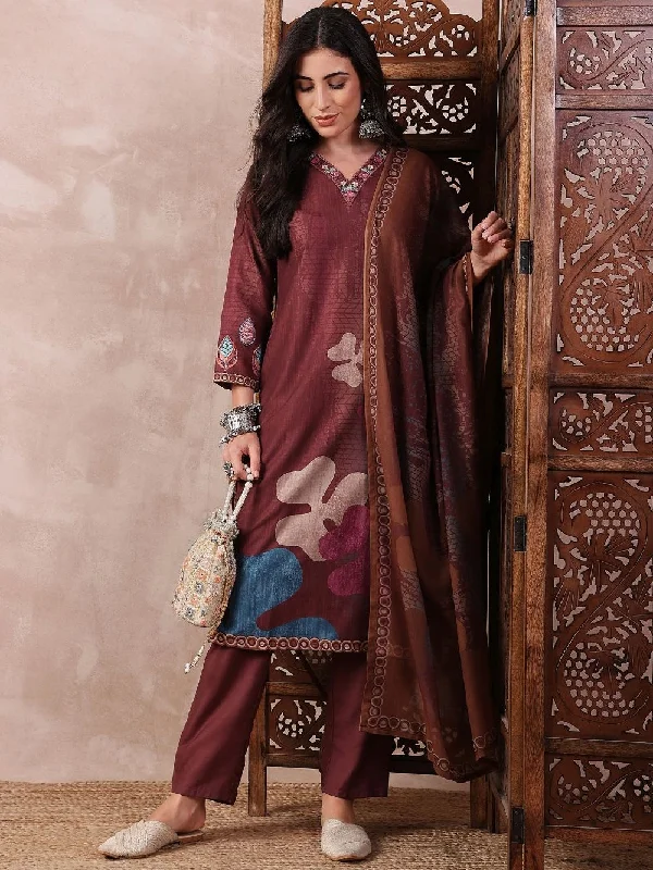 Brown Silk Blend Floral Printed Straight Kurta Trouser With Dupatta Trousers Office Stylish