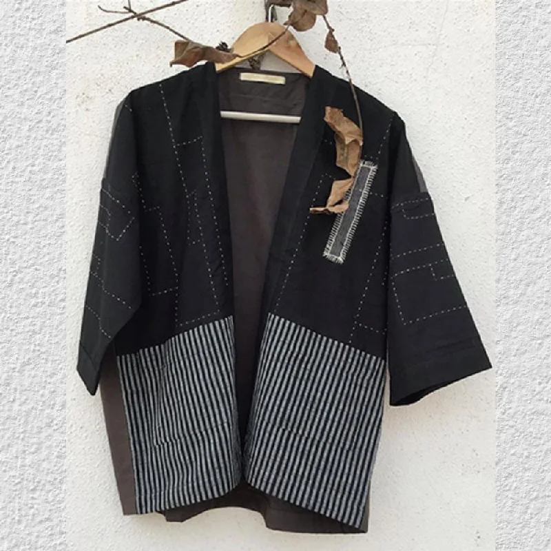 Classic Black Kimono Jacket | Elegant Style | Hand-Crafted | Kantha Embroidery Stand-Up Collar Roll-Neck Collar Turtle Neck