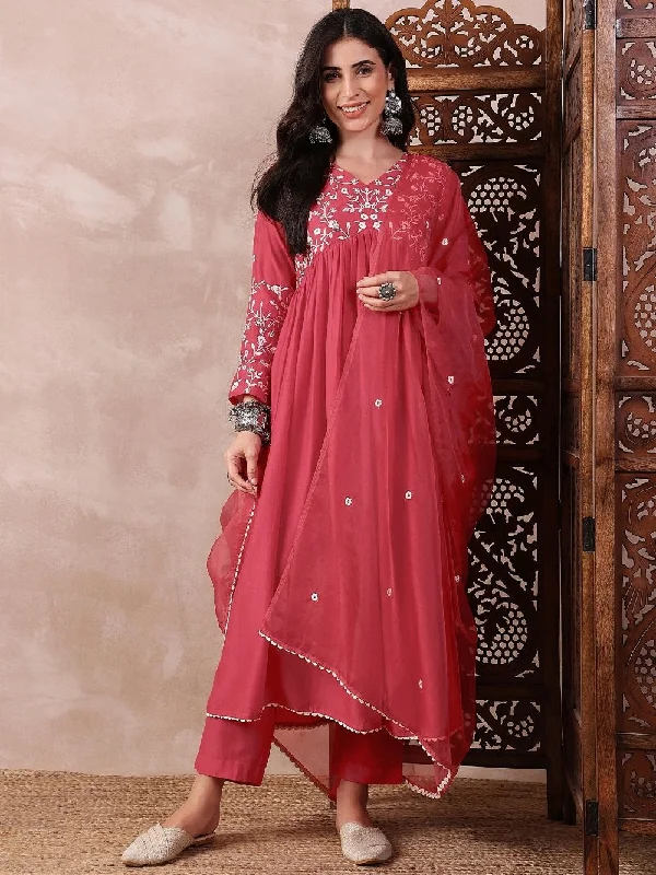 Red Cotton Blend Solid Embroidered A-Line Kurta Trouser With Dupatta Trousers Mesh Breathable